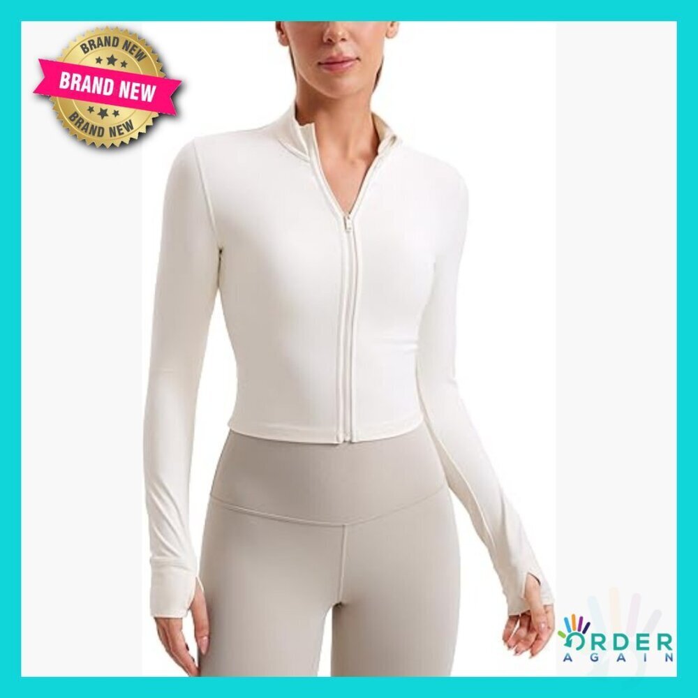 Cropped Athletic Jacket Full Zip Track Top Slim Fit Thumb Holes Pockets